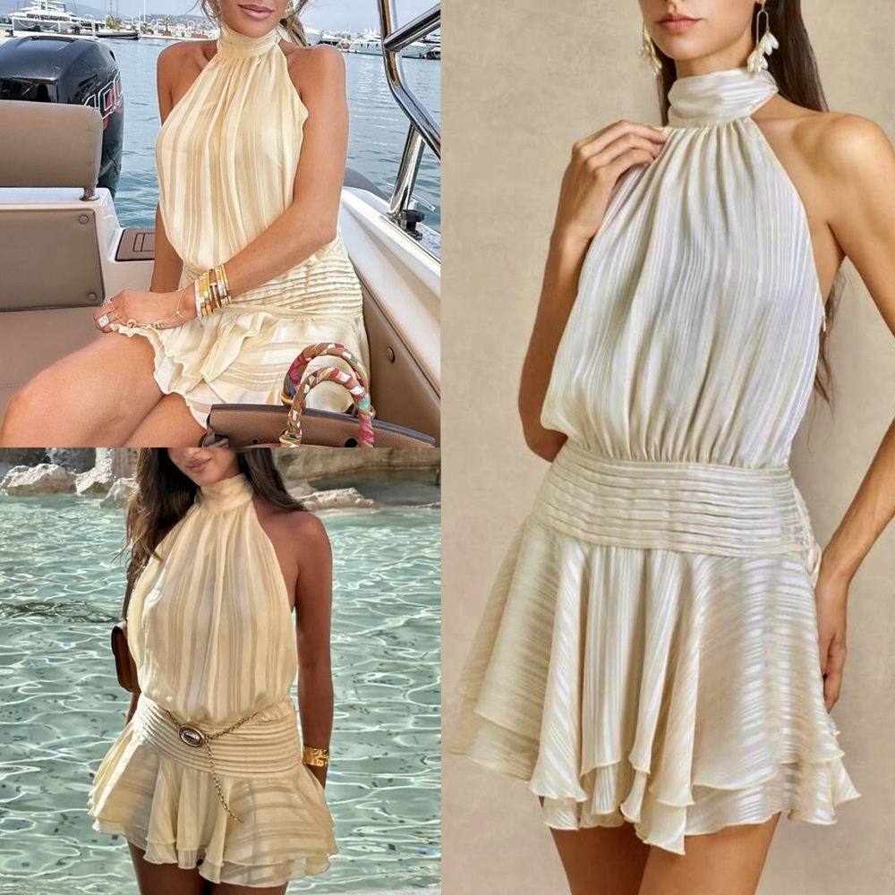 Ruffle hem satin ivory off white mock neck tie open back halter mini dress - Picture 1 of 11